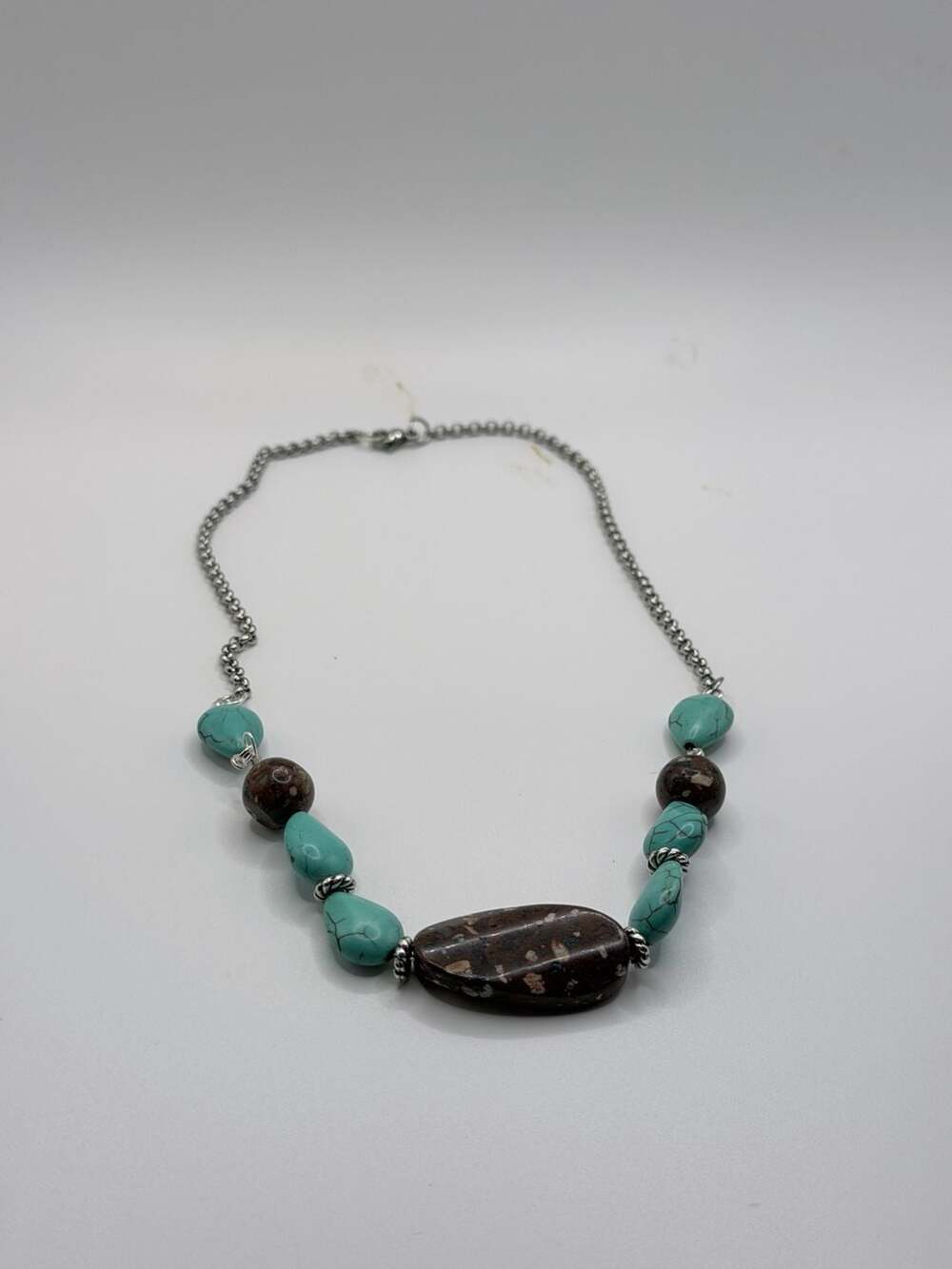 Chunky Turquoise and Brown Stone Bead Statement Necklace with Silver Chain